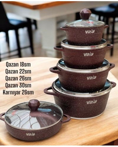 Qazan dəsti, qranit, qırmızı, 10 parça, 18/22/26/30 sm