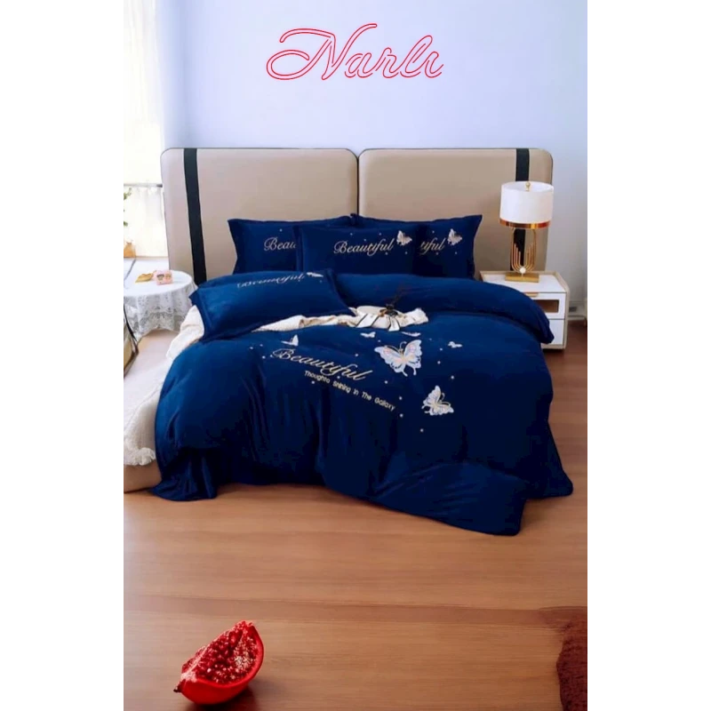 Комплект постельного белья Narlı 000301, пододеяльник 200x240 см, простыня 220x240 см, наволочка 50x70 см, авро, велюр, синий
