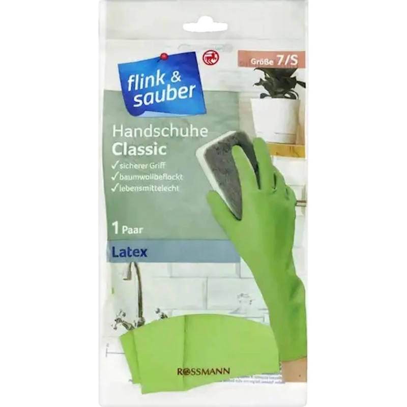 Перчатки хозяйственные Flink & Sauber Classic размер S, 1 пара, латекс, зеленые Перчатки хозяйственные Flink & Sauber Classic размер S, 1 пара, латекс, зеленые