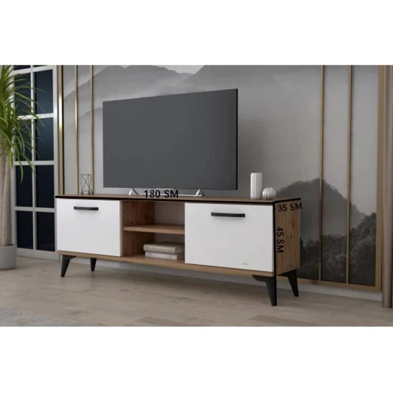 Тумба под ТВ Ev Plus 12115867, ЛДСП, белый/коричневый, 180x35x45 см Тумба под ТВ Ev Plus 12115867, ЛДСП, белый/коричневый, 180x35x45 см