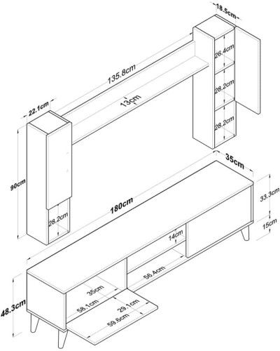 TV üçün tumba Ev Plus 12115851, LDSP, ağ, 180x35x48 sm