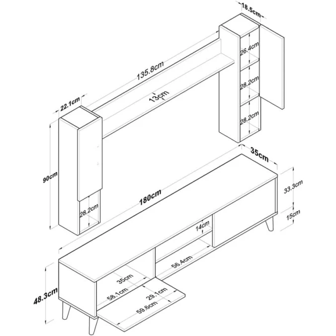 Тумба под ТВ Ev Plus 12115851, ЛДСП, белый, 180x35x48 см Тумба под ТВ Ev Plus 12115851, ЛДСП, белый, 180x35x48 см