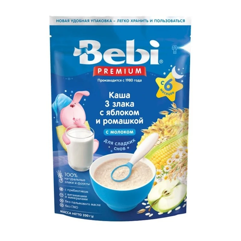 Каша молочная Bebi Premium Сладкие сны, 3 злака с яблоком и ромашкой, с 6 месяцев, 200 г (8606019653279)