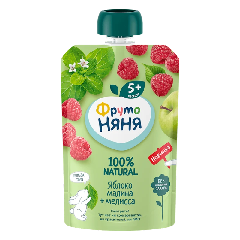 Фруктово-ягодное пюре ФрутоНяня Яблоко, Малина, Мелисса, 90 г