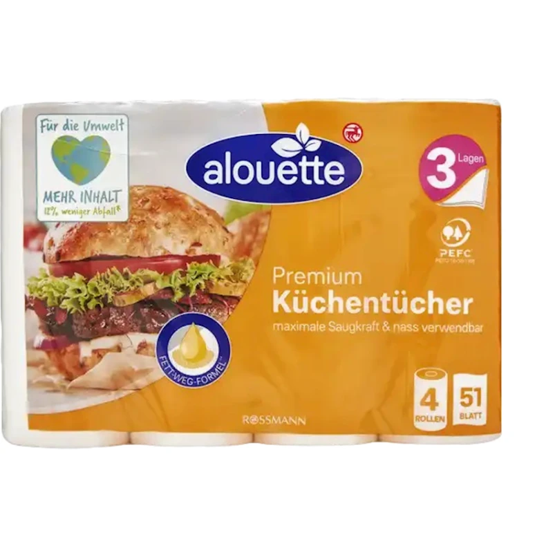 Бумажные кухонные полотенца Alouette Premium, белые, 4 рулона, 3-х слойные Бумажные кухонные полотенца Alouette Premium, белые, 4 рулона, 3-х слойные