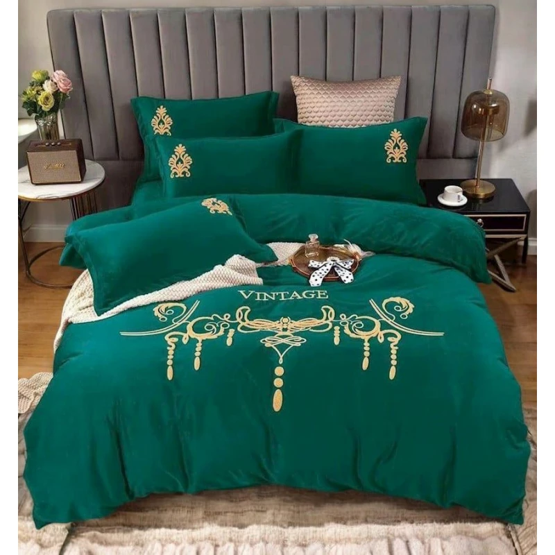 Комплект постельного белья Luxe Cotton 000432, пододеяльник 200х230 см, простыня 245х250 см, наволочки 50х70 см, евро, велюр, зеленый