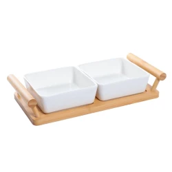 Менажница, керамика/бамбук, белый/коричневый, 5x14x31 см