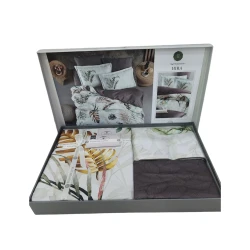 Комплект постельного белья DO&GO DO8, пододеяльник 200х220 см, простыня 220х240 см, наволочки 70x70 см, 50х70 см, двуспальный, сатин, коричневый/белый