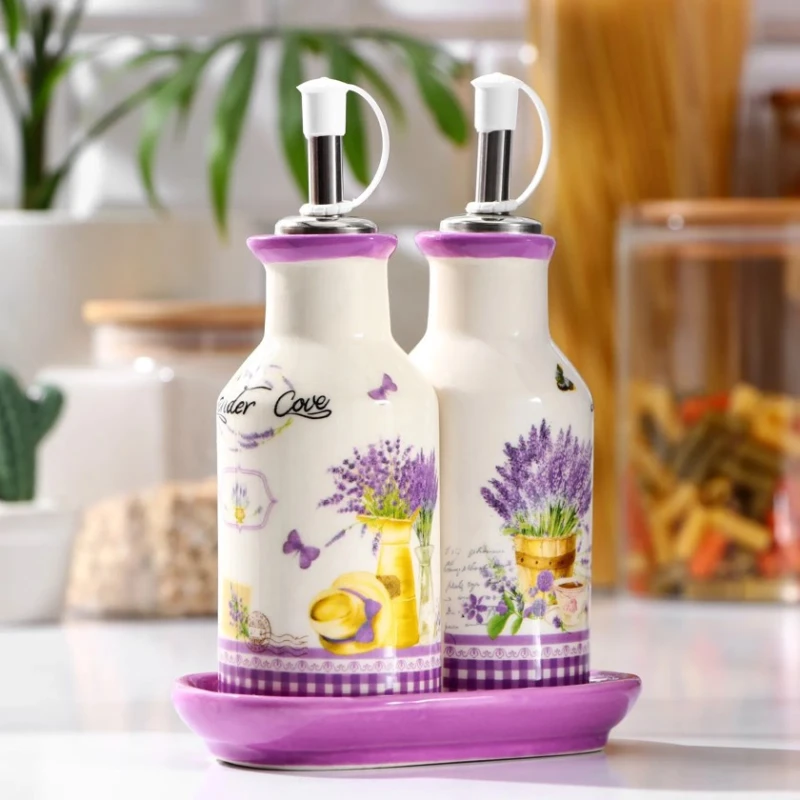 Qab dəsti yağ və sirkə üçün, şüşə, ağ/bənövşəyi, 2 əd