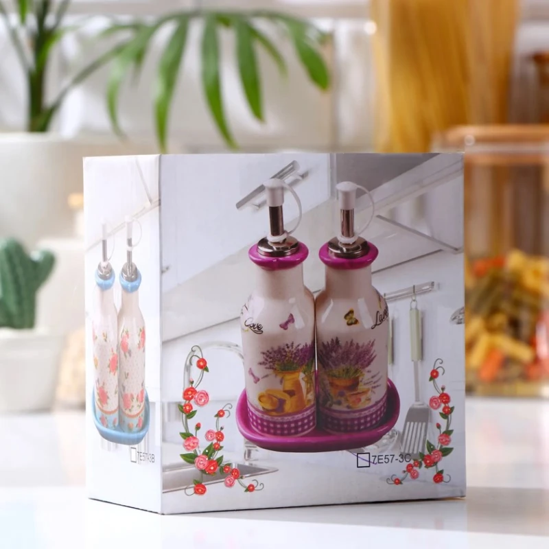 Qab dəsti yağ və sirkə üçün, şüşə, ağ/bənövşəyi, 2 əd