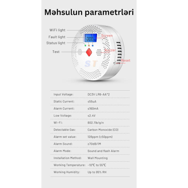 Детектор угарного газа Tuya Wi-Fi Белый Детектор угарного газа Tuya Wi-Fi Белый