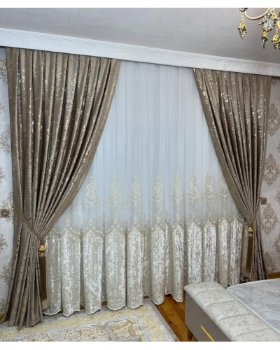 Pərdələr, neylon/velür/poliester, qızılı, 300x300 sm