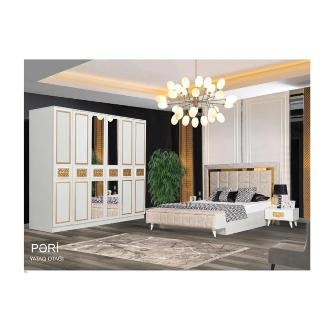 Комплект мебели для спальни Пери белый, изготовлен из ламинированного материала, кровать 200*135*242, шкаф 240*210*60, термо 130*164*43 и два тумбы 60*39*43 Комплект мебели для спальни Пери белый, изготовлен из ламинированного материала, кровать 200*135*242, шкаф 240*210*60, термо 130*164*43 и два тумбы 60*39*43