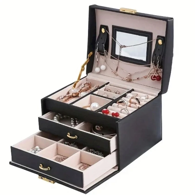 Органайзер с выдвижными ящиками для украшений 5946_0002, кожа, черный, 13.5x17.5x11.5 см