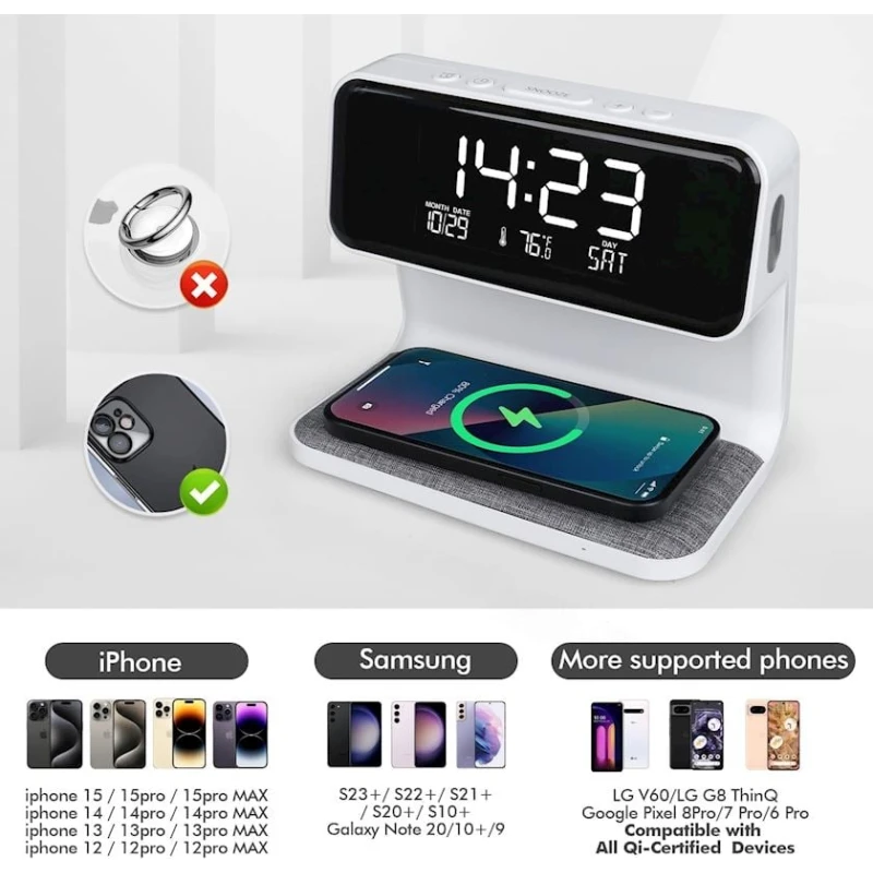 Часы-будильник с беспроводной зарядкой Nalacal KB6302 Часы-будильник с беспроводной зарядкой Nalacal KB6302