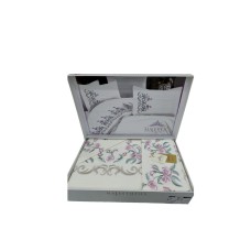 Yataq dəsti NV11 yorğan üzü 200x220 sm, mələfə 240x260 sm, 4 yastıq üzü 50x70 sm, pambıq, ağ/bənövşəyi