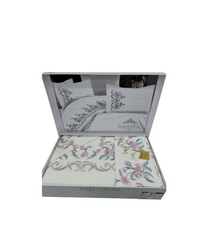 Yataq dəsti NV11 yorğan üzü 200x220 sm, mələfə 240x260 sm, 4 yastıq üzü 50x70 sm, pambıq, ağ/bənövşəyi