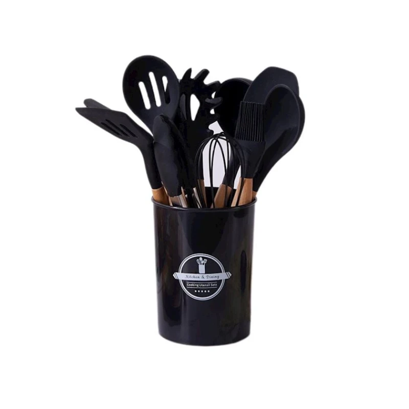 Mətbəx ləvazimatları dəsti, 11 parça, yapışmayan örtük üçün uyğundur, altlıq ilə, qara