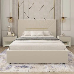 Двуспальная кровать Art_ikili_yataq 75, ламинат/текстиль, бежевая, 120x180х200 см