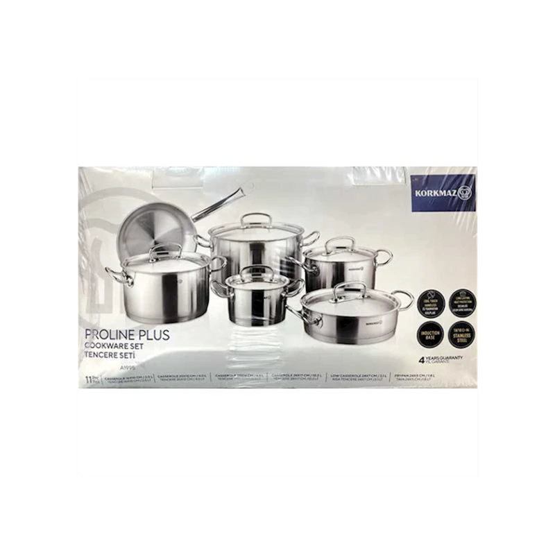 Qazan dəsti Korkmaz Proline, paslanmayan polad, 2,4/6.3/10.2/3.1/1.8 L, gümüşü, 11 parça