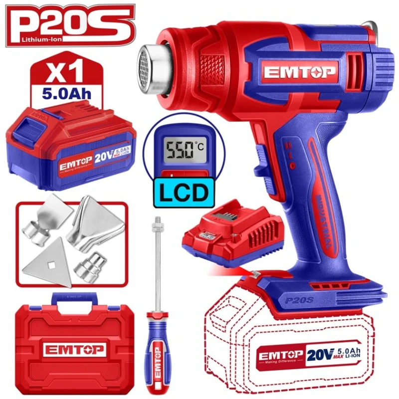 Строительный фен Emtop EHGN200315, 20V 550°C