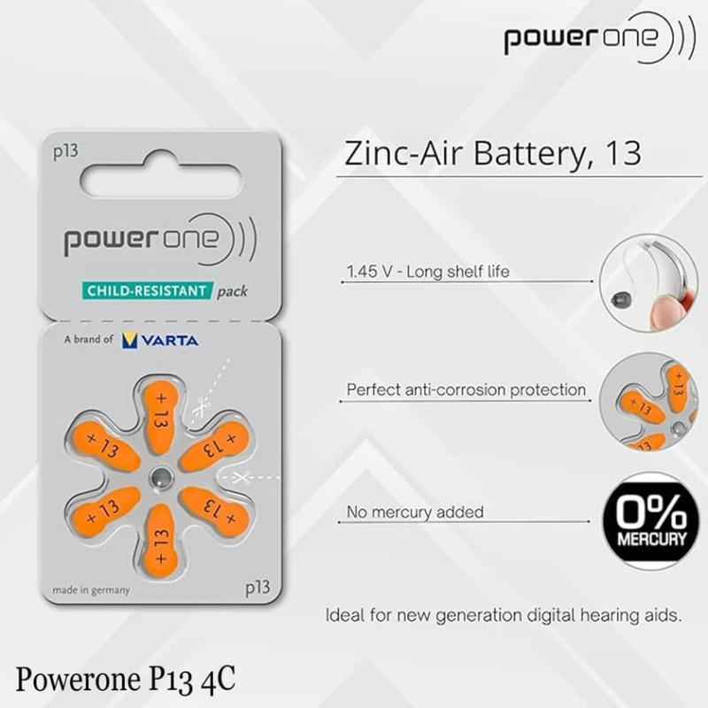 Батарейки для слуховых аппаратов Powerone, P13 4C