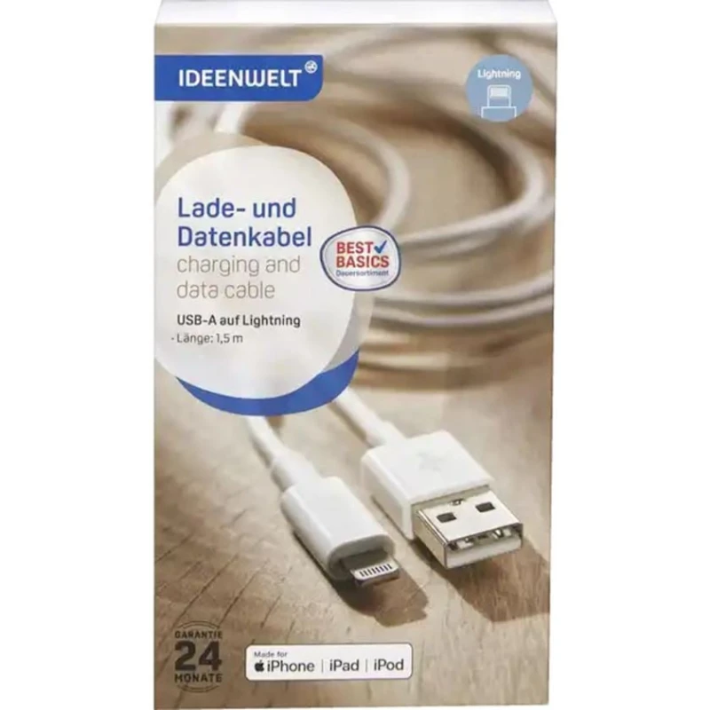 Кабель USB-A to Lightning Ideen Welt, Белый (4305615791333)