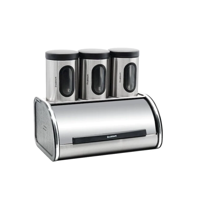 Набор Samset 77XM 4 шт, черный/серебристый, металл, хлебница - 40х26 см, емкость для специй (3 предмета): 15х12 см