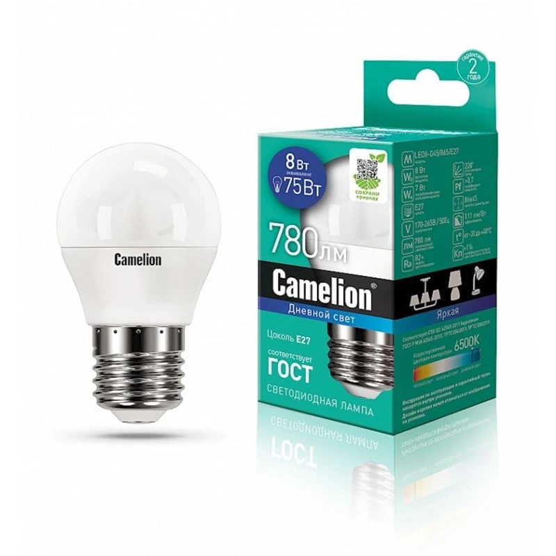 Лампа светодиодная Camelion LED8-G45/865/E27 13373, 8Вт, 6500K Лампа светодиодная Camelion LED8-G45/865/E27 13373, 8Вт, 6500K