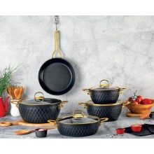 Qazan dəsti Özlife Inci, 9 parça, Türkiyə istehsalı, qranit, 4.5 mm qalınlıq, dərin qazanlar: 20 sm 3.5 l, 24 sm 6.5 l, 28 sm 11 l, dayaz qazan: 28 sm 5 l, tava: 26 sm, qapaqla, qara/qızılı - maxi-sweet-TP1644491