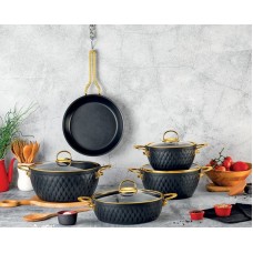 Qazan dəsti Özlife Inci, 9 parça, Türkiyə istehsalı, qranit, 4.5 mm qalınlıq, dərin qazanlar: 20 sm 3.5 l, 24 sm 6.5 l, 28 sm 11 l, dayaz qazan: 28 sm 5 l, tava: 26 sm, qapaqla, qara/qızılı - maxi-sweet-TP1644491