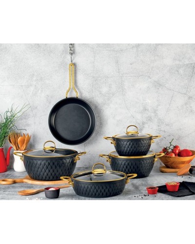 Qazan dəsti Özlife Inci, 9 parça, Türkiyə istehsalı, qranit, 4.5 mm qalınlıq, dərin qazanlar: 20 sm 3.5 l, 24 sm 6.5 l, 28 sm 11 l, dayaz qazan: 28 sm 5 l, tava: 26 sm, qapaqla, qara/qızılı - maxi-sweet-TP1644491