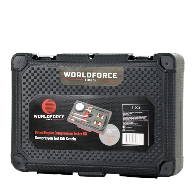 Комплект для проверки компрессии бензина Worldforce 11004 (0-20 бар, М10х1,0,М12х1,25,М14х1,25,М18х1,5)