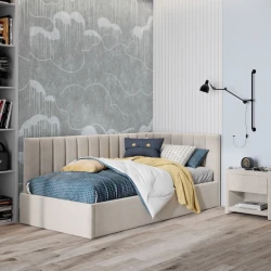 Односпальная кровать Art_tek_yataq (120) 77, ламинат/текстиль, бежевая, 200x85x120 см