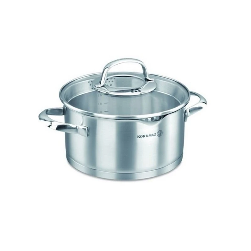Qazan Korkmaz Steama A1991, 10 sm, 3 l, 20 sm, paslanmayan polad, qapaqlı, iki tutacaqlı, gümüşü