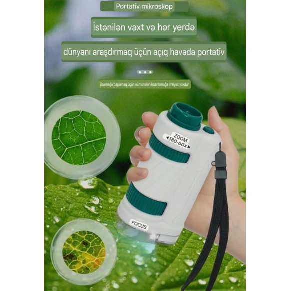 Portativ mikroskop dəsti 180x-60x zoom.Ağ rəngli yaşıl detallar ilə.