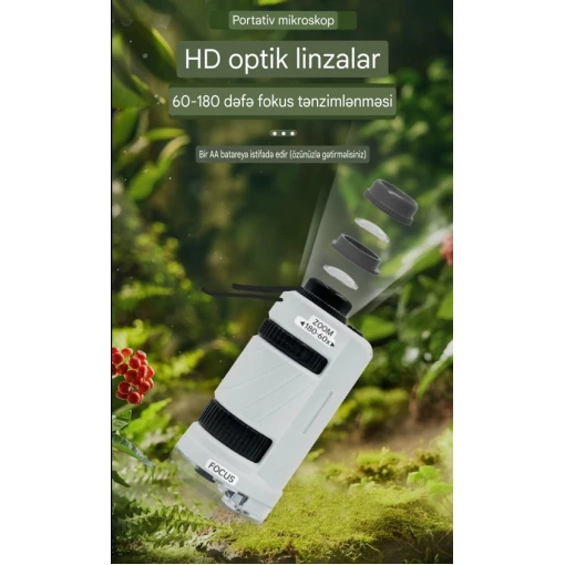 Portativ mikroskop dəsti 180x-60x zoom.Ağ rəngli yaşıl detallar ilə.