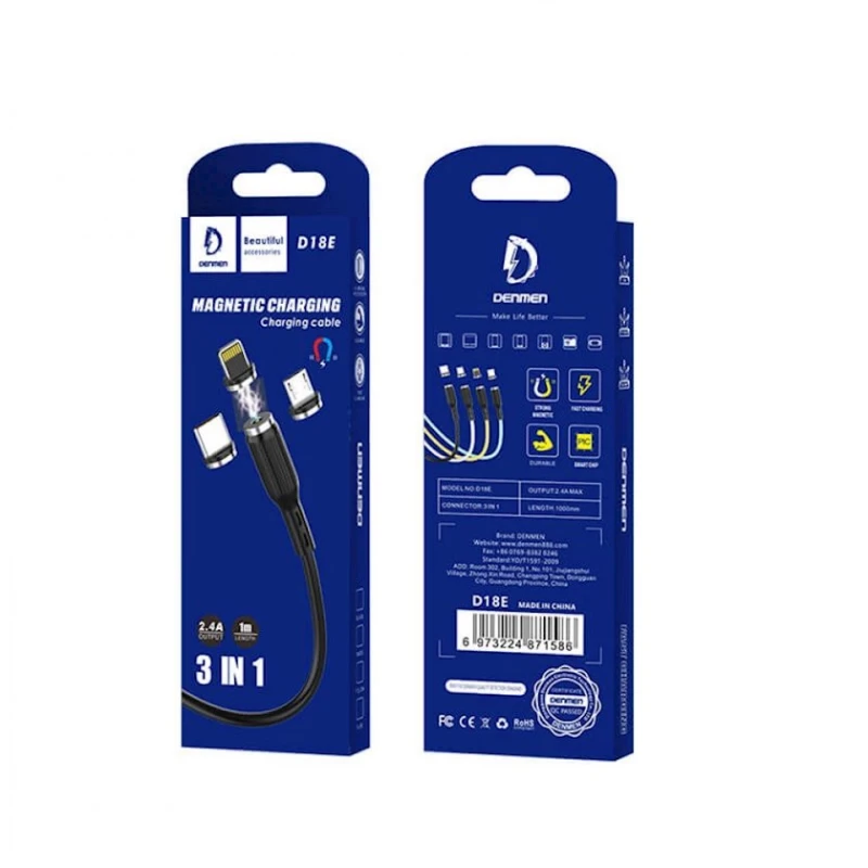 Kabel Denmen 3 in 1 D18E USB to Lightning/Type-C/microUSB 2.4 A, 1 m, qara