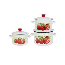 Набор кастрюль Керченская эмаль Клубника садовая-1, 3 шт, 2000/3000/4000 мл, сталь, с крышкой, белый/красный Набор кастрюль Керченская эмаль Клубника садовая-1, 3 шт, 2000/3000/4000 мл, сталь, с крышкой, белый/красный