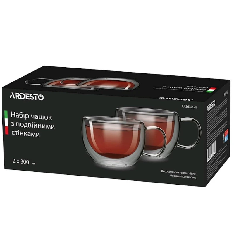 Набор чашек Ardesto AR2630GH с двойными стенками, 2 шт, 300 мл, боросиликатное стекло, прозрачный Набор чашек Ardesto AR2630GH с двойными стенками, 2 шт, 300 мл, боросиликатное стекло, прозрачный