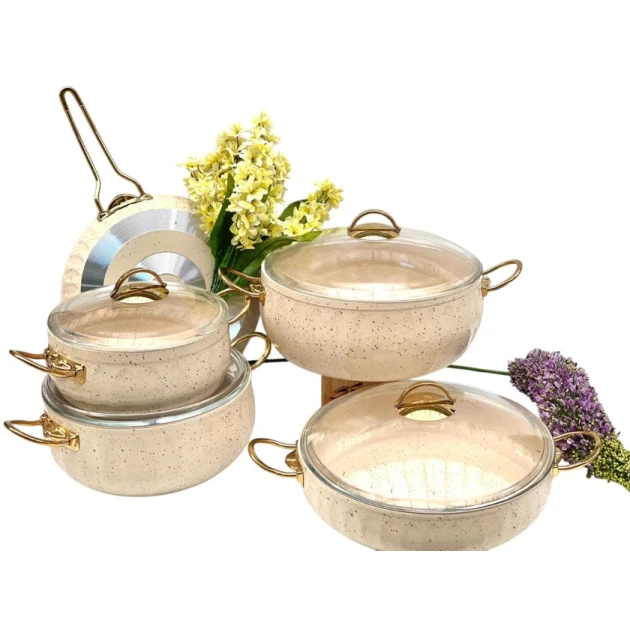 Набор посуды PMT Elips Gold PP-LL-017, гранит, бежевый/золотистый, 4 предмета Набор посуды PMT Elips Gold PP-LL-017, гранит, бежевый/золотистый, 4 предмета