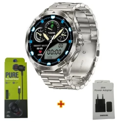 Умные часы DA03 Silver Steel + Подарок Проводные наушники Strap Pure + Сетевое зарядное устройство Samsung 25W