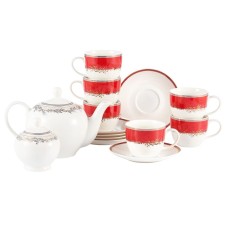 Çay servizi Gipfel Charlotte 51563, 6 nəfərlik, 14 əşya, farfor, ağ/qırmızı/qızılı
