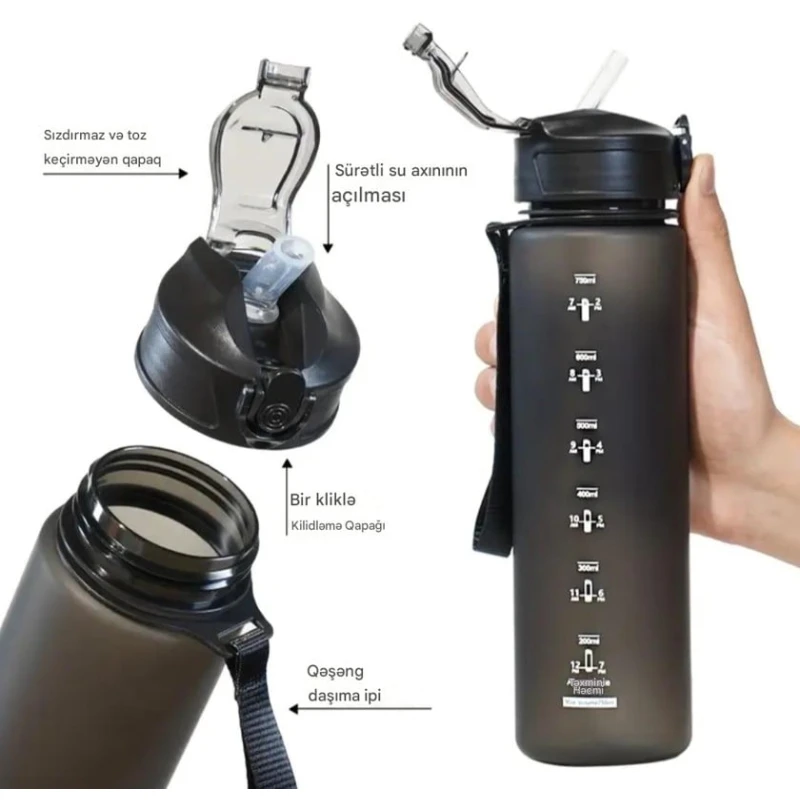 Məktəbli su qabı,sızdırmayan 750ml,pipetli və daşıma ipi ilə,plastik