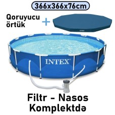 Hovuz Intex 6503TX28212C, karkas, həcm 6503 l, mavi, dairə, 366x366x76 sm, filtr-nasoslu, örtüklü - 6503TX28212C