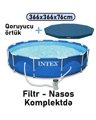 Hovuz Intex 6503TX28212C, karkas, həcm 6503 l, mavi, dairə, 366x366x76 sm, filtr-nasoslu, örtüklü - 6503TX28212C
