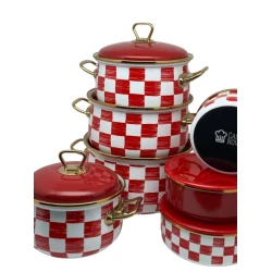 Qazan dəsti Gasanova SF-529, 14 əşya, mina, ağ/qırmızı