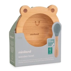 Миска Miniland Frog с вакуумной присоской и ложкой, 6+ месяцев, коричневая/зеленая