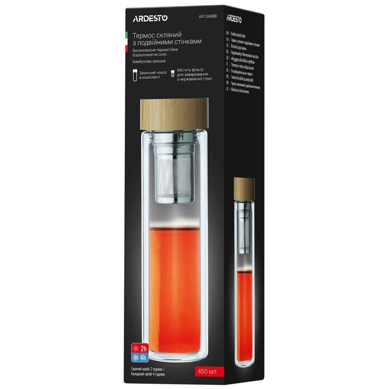 Termos Adresto Double Wall AR1345BB, 450 ml, şüşə/bambuk Termos Adresto Double Wall AR1345BB, 450 ml, şüşə/bambuk
