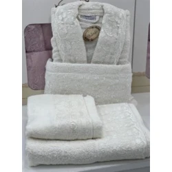Банный набор Volenka SF-782, хлопок, белый, размер L/XL (банное полотенце + полотенце для лица + халат)